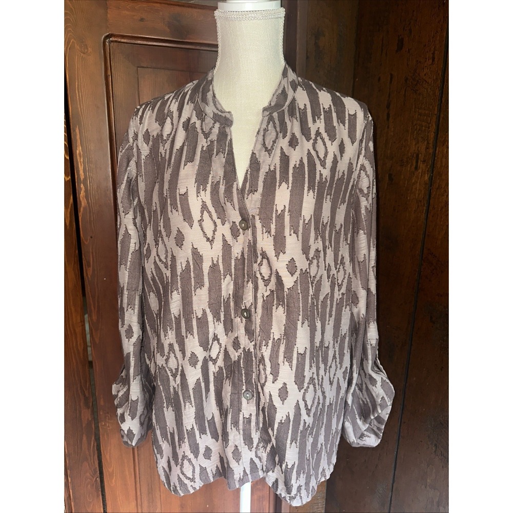 Womens Ruby Rd Burnout Semi-Sheer  Button Blouse Top Geometric Roll Tab Size 16